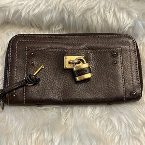 Chloe paddington pebbled brown leather long zip around wallet